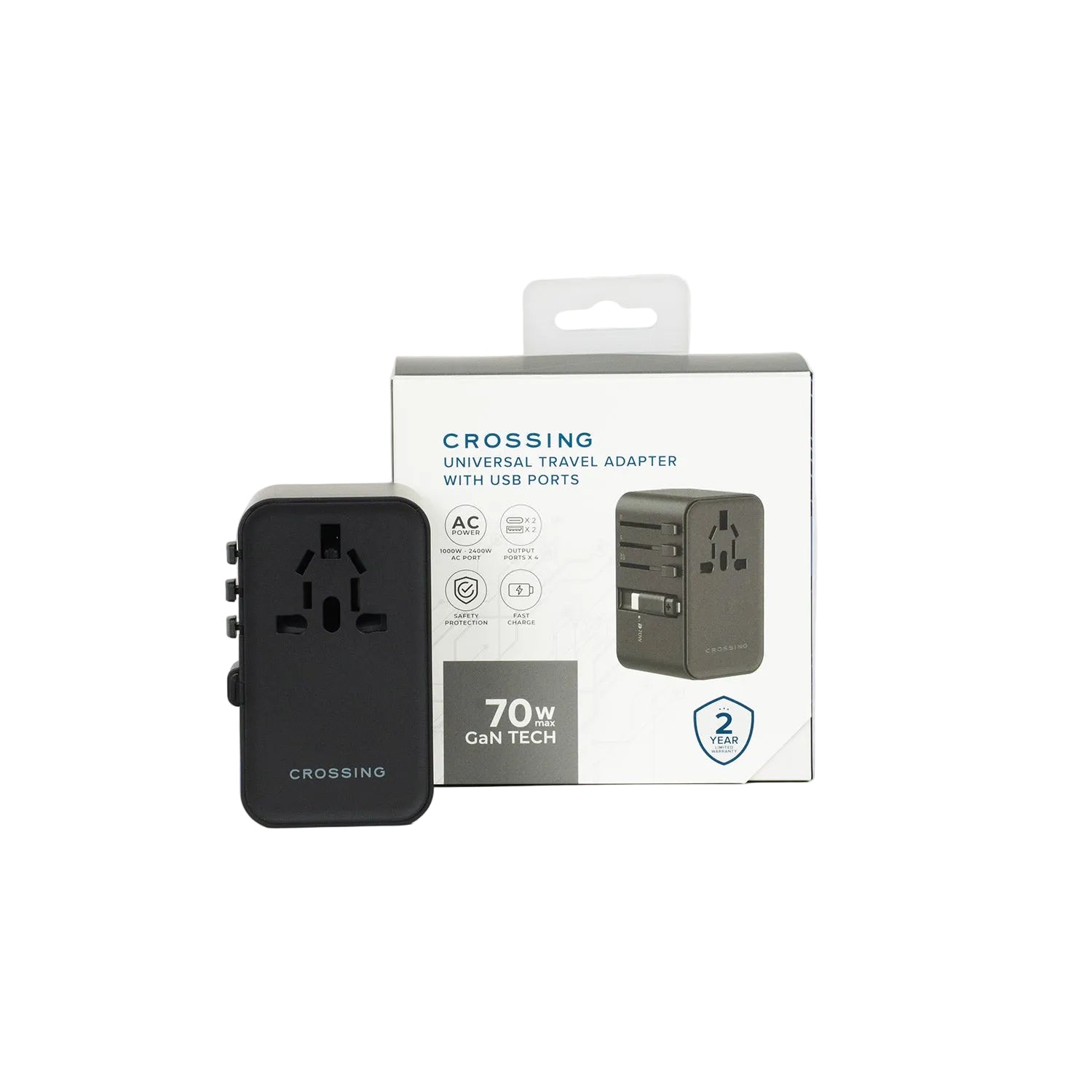 Crossing World Travel Adaptor 70W with 2 X USB-A + 2 X USB-C with Built-In Type C Cable
