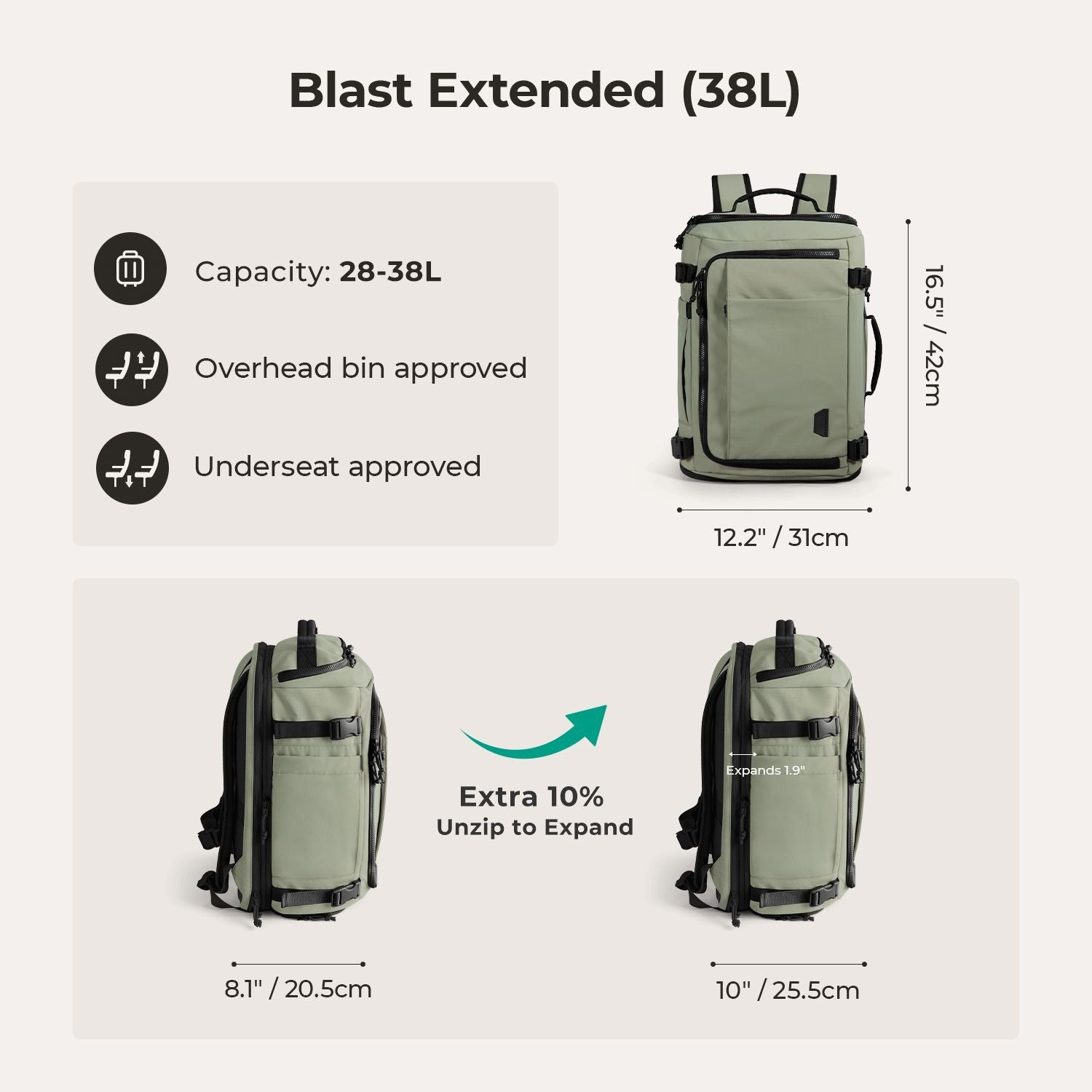 Bagsmart Blast Quick Access Carry On Travel Backpack Extended 38L